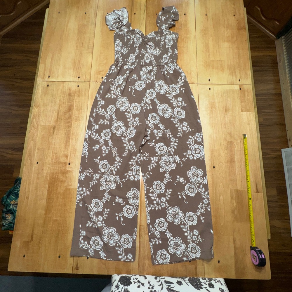 Inspired Hearts Brown Floral Wide Leg Jumpsuit Smocked Ruffle Strap Medium